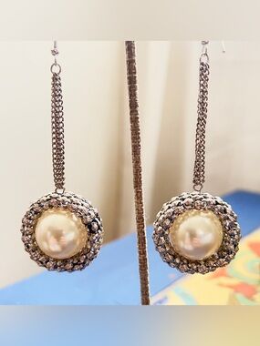 Vintage Bali Style Caviar Beaded Faux Mabe Pearl Dangle Earrings  3.5”